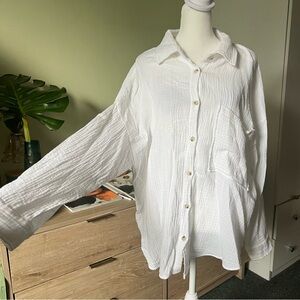 White Gauzy Lightweight Loose 100% Cotton Long Sleeve Oversized Button Down Sz M